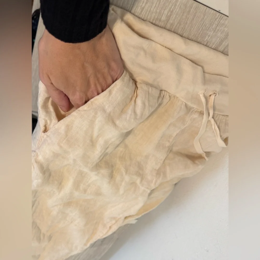 Flax Pull On Linen Pants Cropped Split Hem Drawstring Waist Lagenlook Cream Sml - Picture 3 of 10
